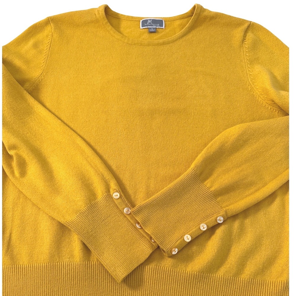 JM COLLECTION Petite Mustard Yellow Crewneck Sweater Button Cuff Women's L - Picture 7 of 9